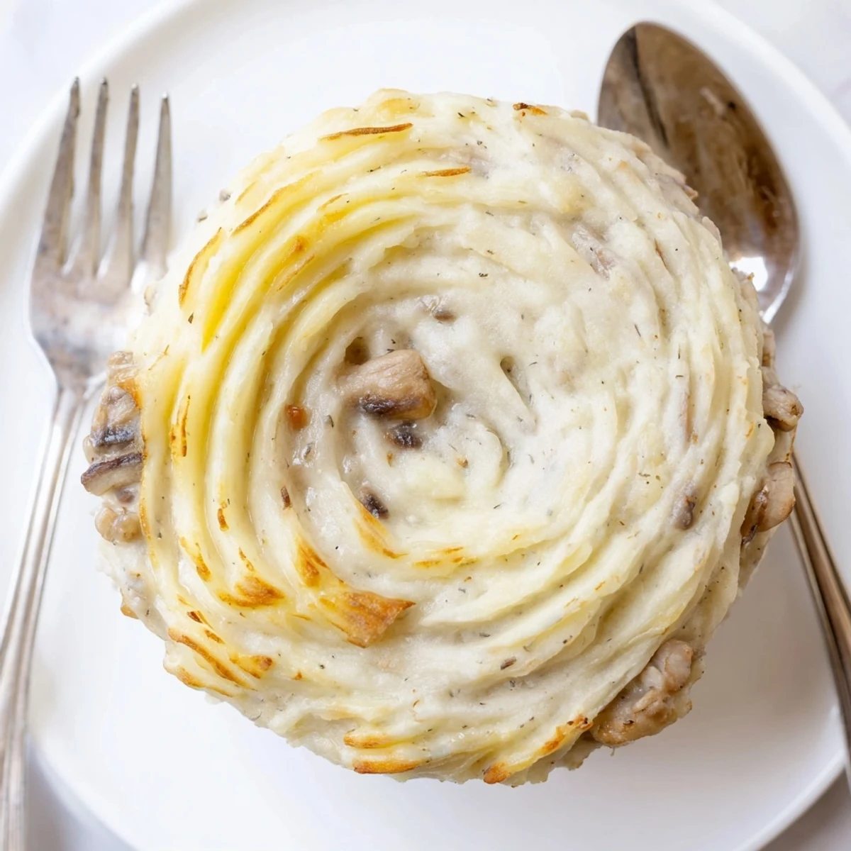 Golden-brown, ridged mashed potatoes cover a creamy mushroom and leek shepherds pie, with the filling peeking from the side of the baking dish.