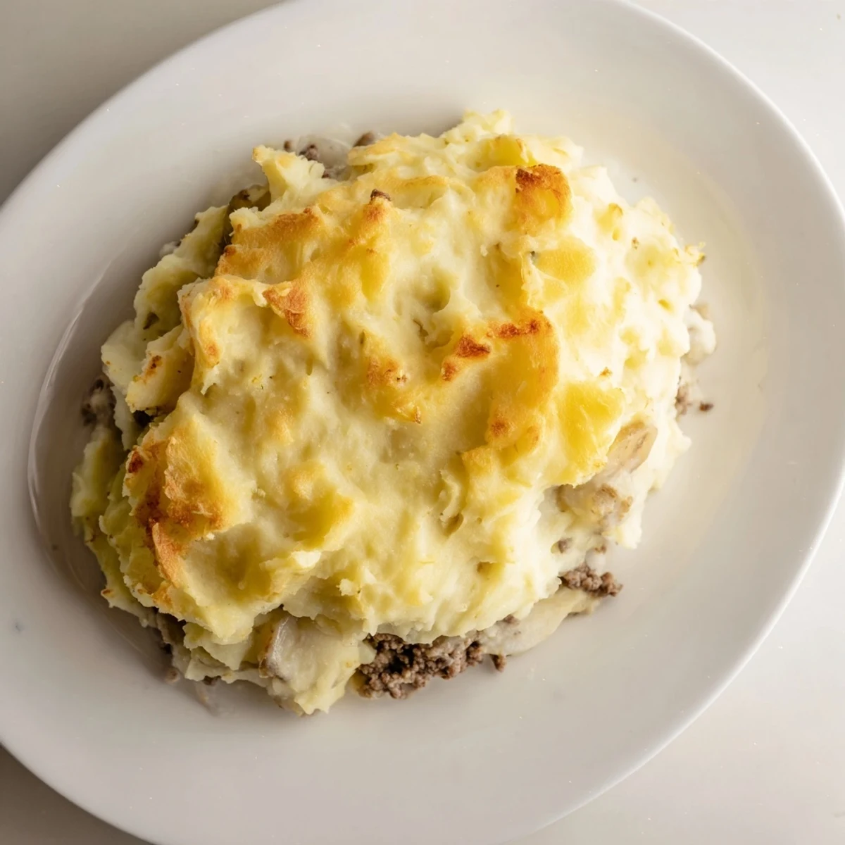 A rustic ceramic dish of homemade creamy mushroom and leek shepherds pie, baked until bubbly and served as a comforting main dish.
