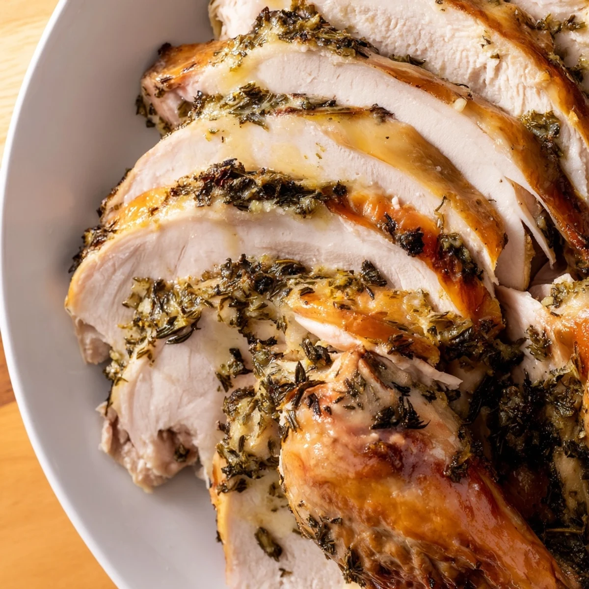 Sliced Savory Herb Roasted Turkey Breast showing juicy, tender meat with a crispy herb butter skin.