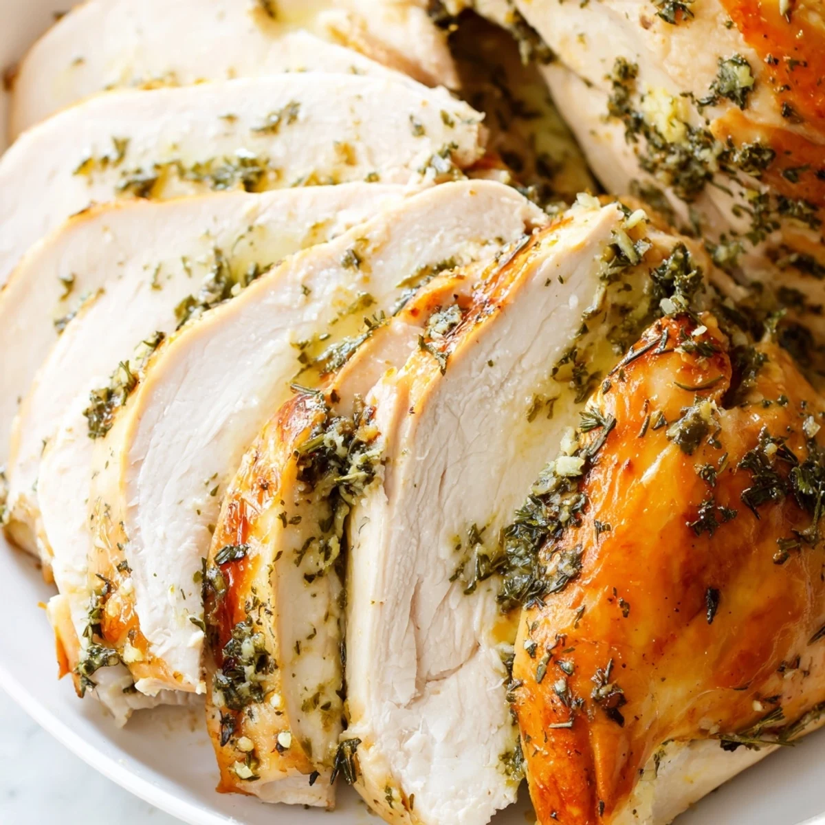 Fresh herbs and lemon zest garnish this Savory Herb Roasted Turkey Breast served alongside roasted vegetables.  