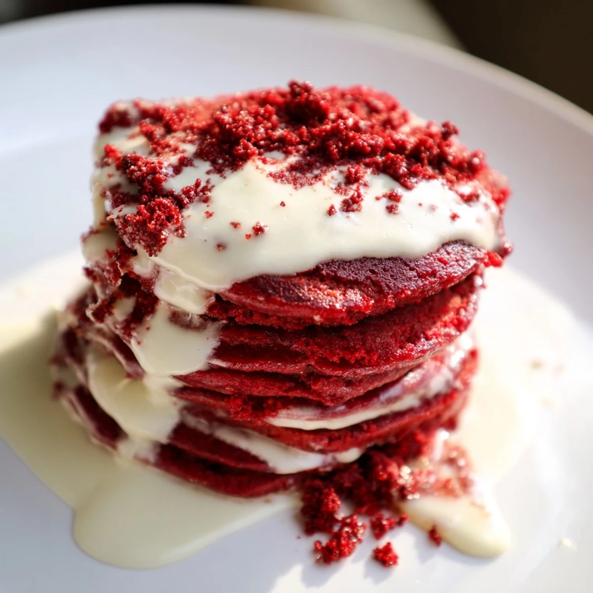 Fluffy, vibrant red pancakes topped with cream cheese glaze, stacked high on a white plate with fresh berries on the side.