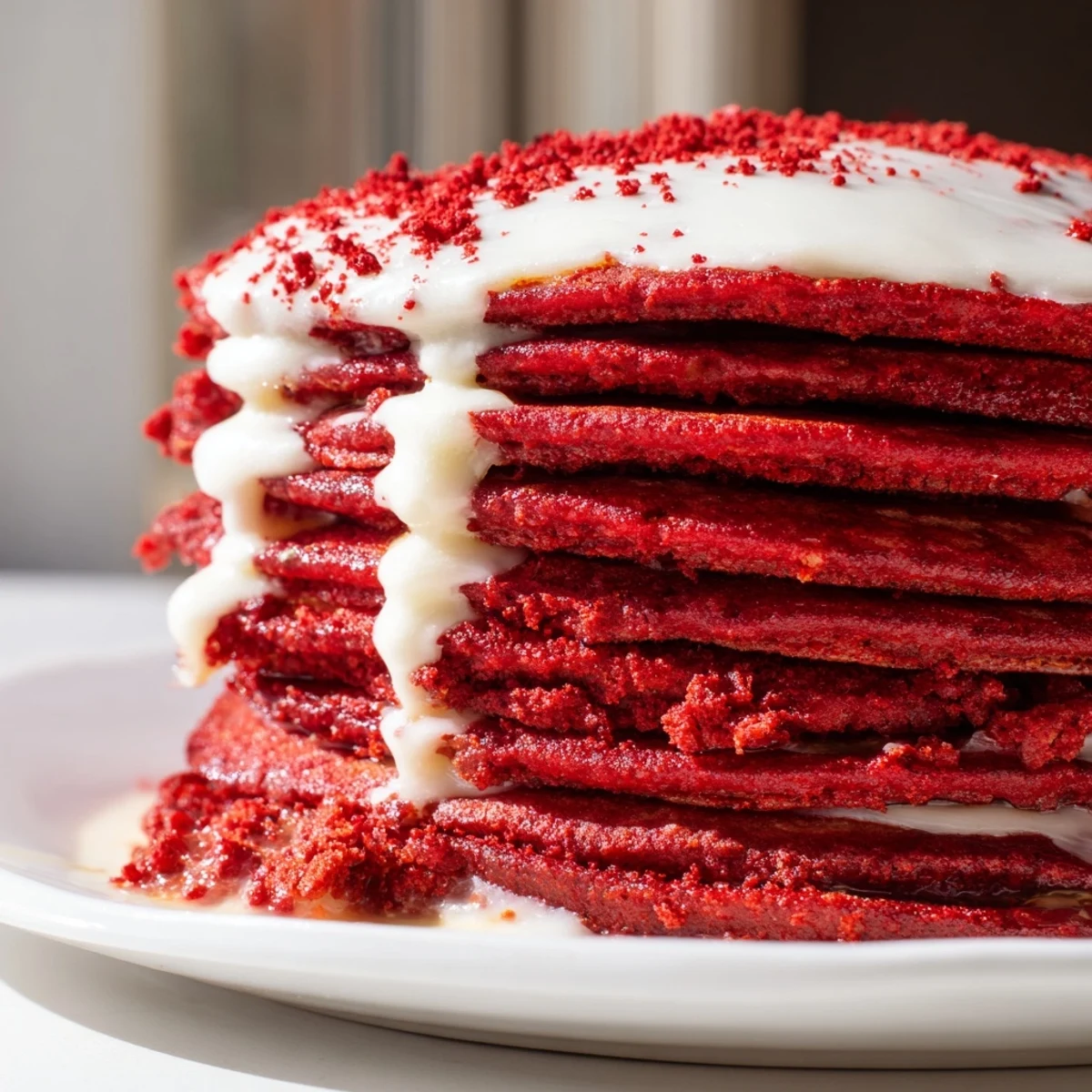 A breakfast table scene featuring a stack of moist red velvet pancakes with cream cheese glaze, ready to be served warm.