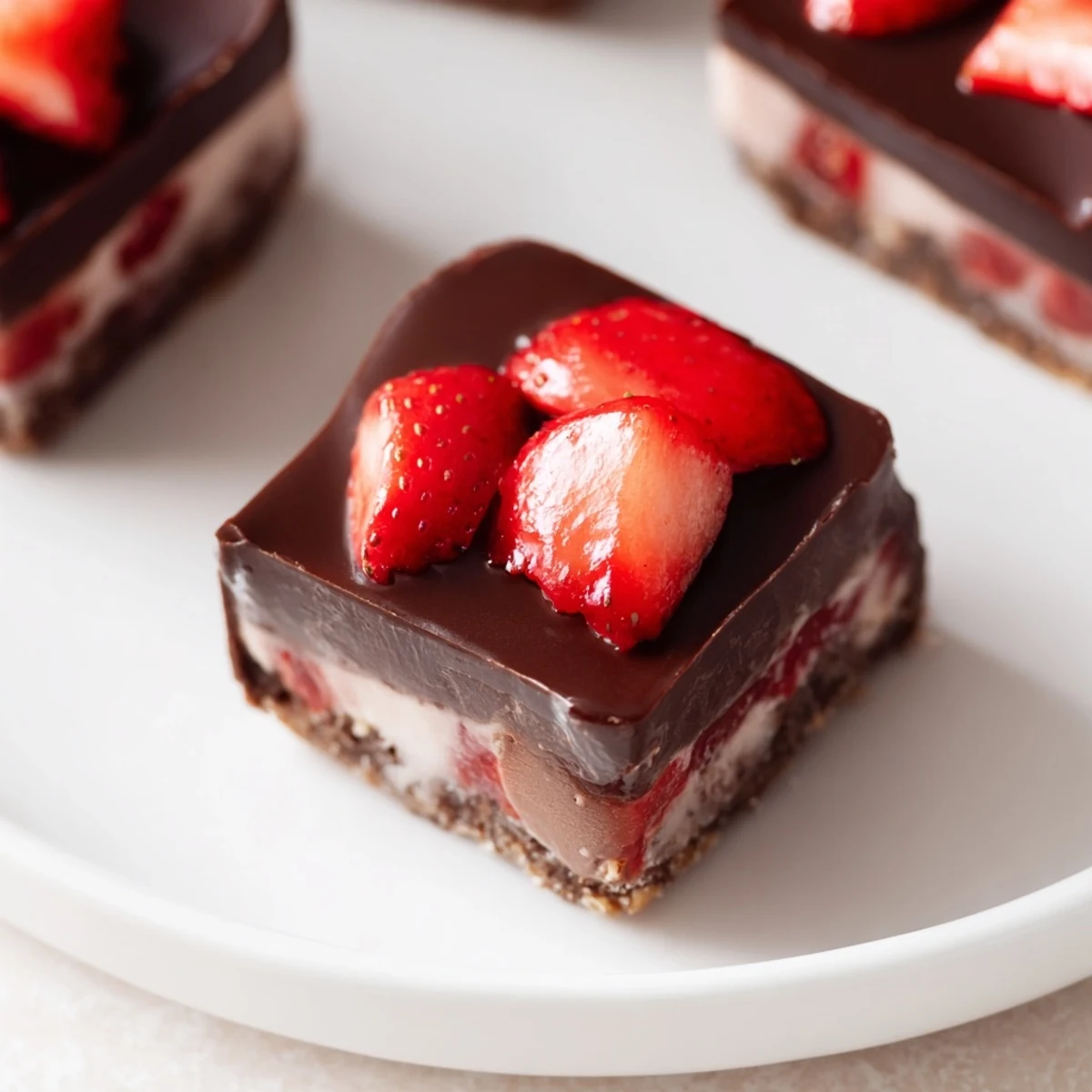 Rich layers of Chocolate Covered Strawberry Cheesecake Bars with a graham cracker base and fresh berry filling.