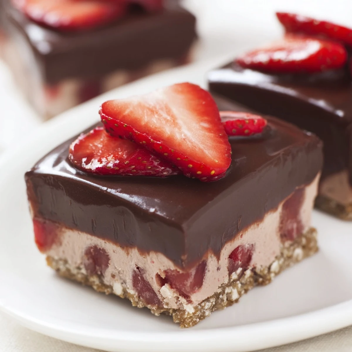 Smooth chocolate shell glazes chilled cheesecake bars topped with vibrant halved strawberries for a decadent treat.