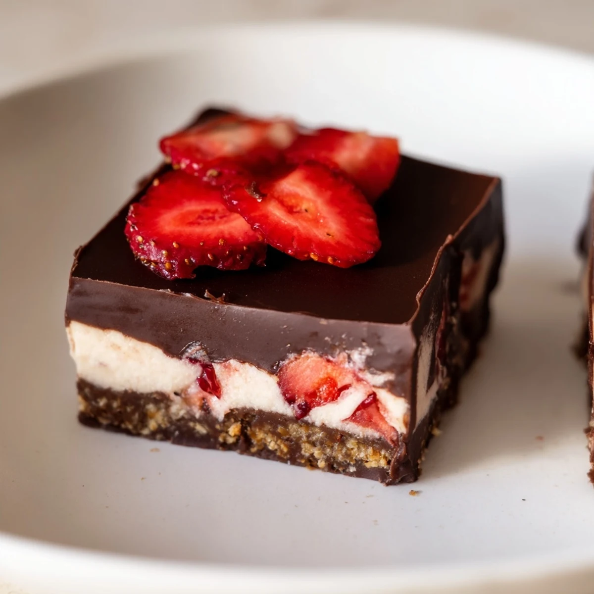 Homemade Chocolate Covered Strawberry Cheesecake Bars sliced neatly, revealing a creamy filling and crisp chocolate coating.
