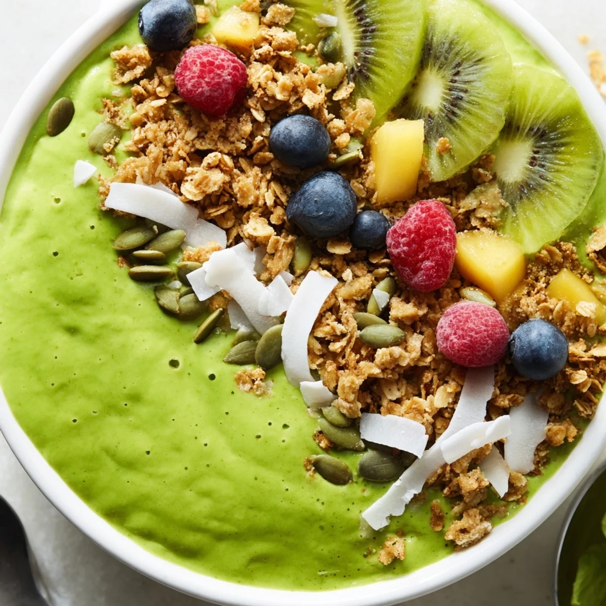A vibrant green Shamrock Green Smoothie Bowl layered with fresh spinach, banana, and tropical fruit, topped with granola and berries.