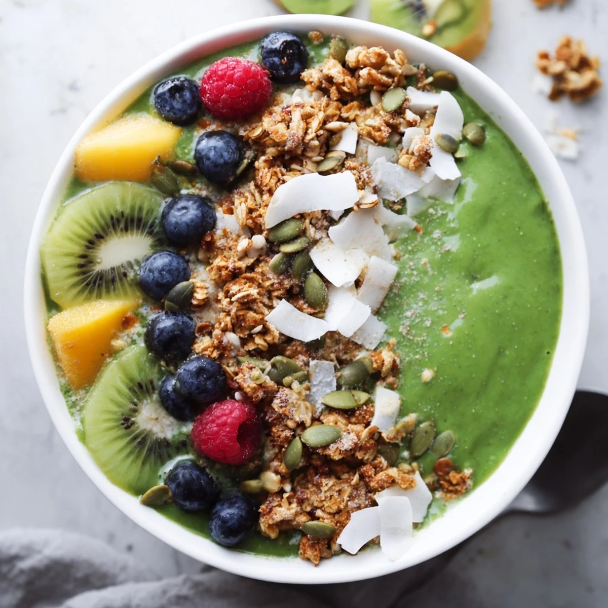Spooning into a Shamrock Green Smoothie Bowl featuring a spinach-banana base, fresh blueberries, and gluten-free granola for a healthy breakfast.