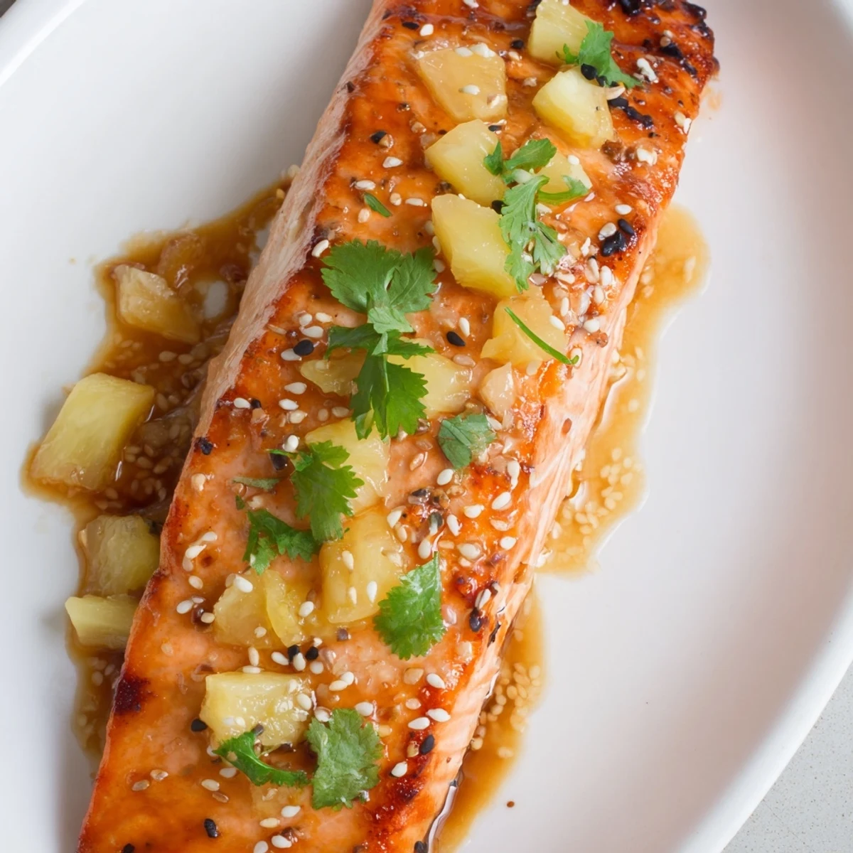 Glossy oven-baked salmon fillets brushed with a sweet pineapple glaze and topped with fresh diced pineapple.