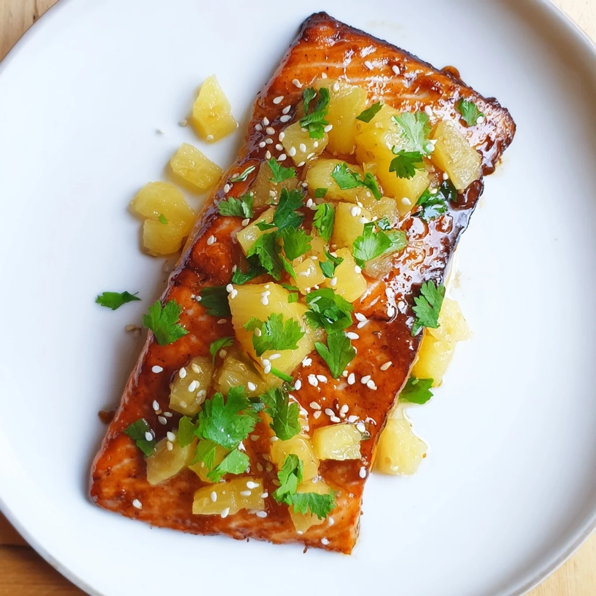 Tender salmon fillets glazed in a tangy pineapple sauce, garnished with cilantro and sesame seeds.