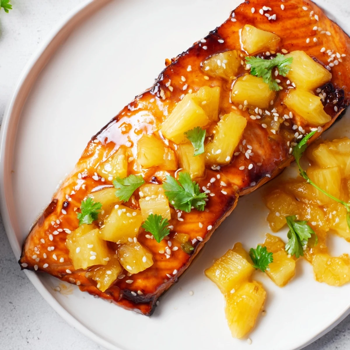 Savory pineapple-glazed salmon fillets served alongside fluffy rice for a vibrant, tropical-inspired dinner.