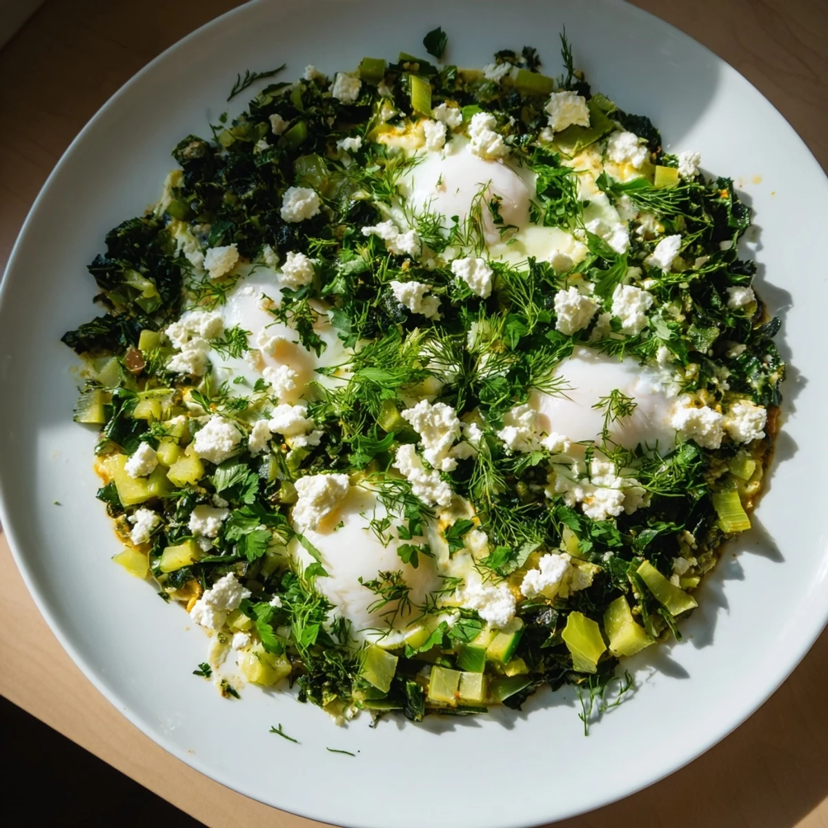 Fragrant green shakshuka with spinach and feta, featuring vibrant herbs and runny poached eggs, served in a skillet for a wholesome vegetarian brunch.