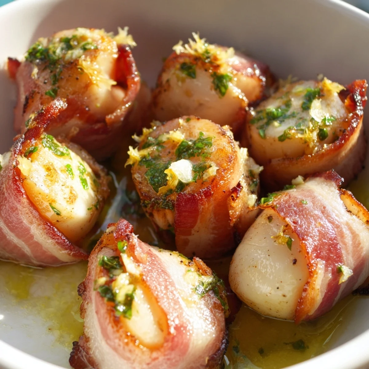 Oven-roasted beef bacon wrapped scallops drizzled with lemon butter sauce on a white platter.