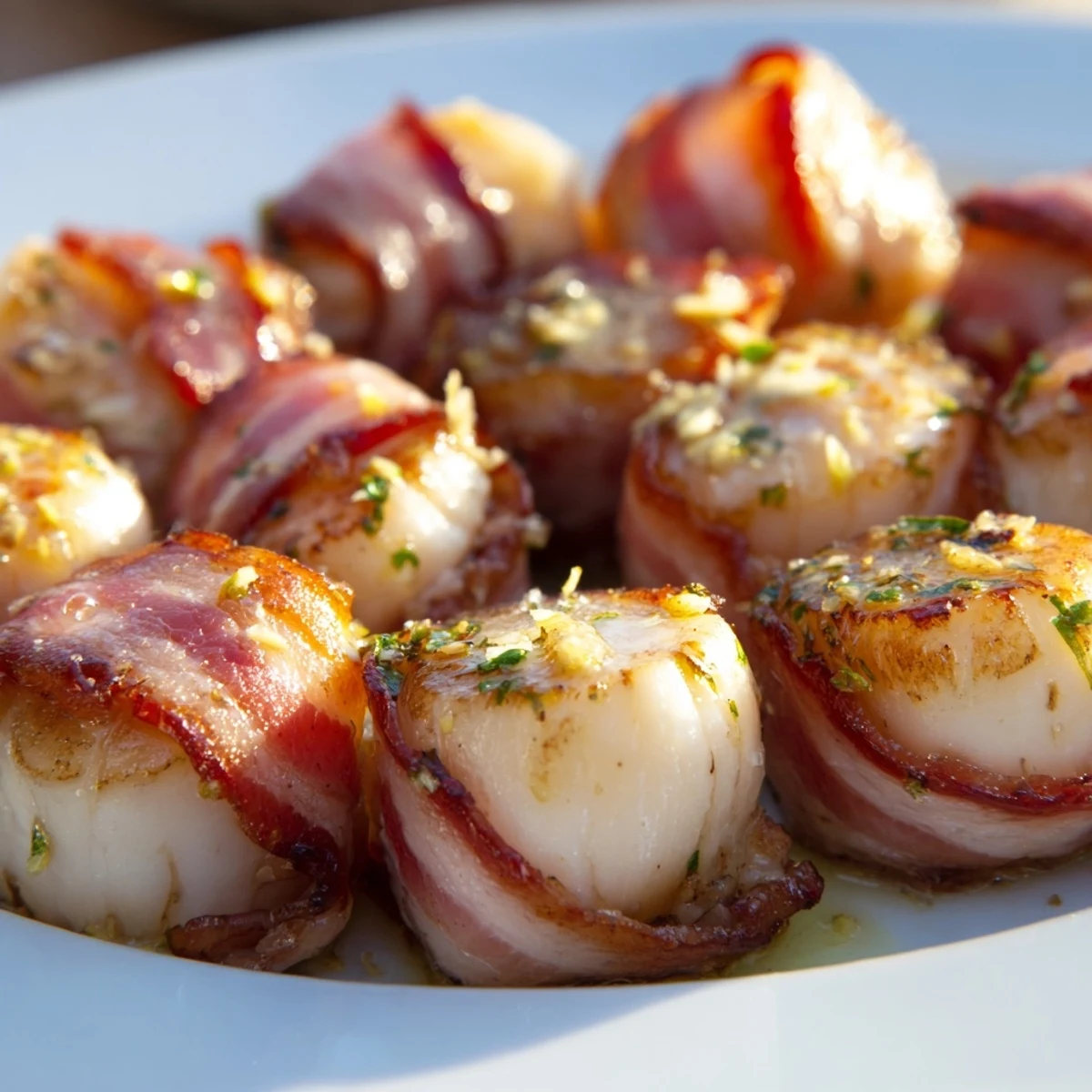 Golden beef bacon crisps surround tender sea scallops, garnished with fresh parsley and lemon zest.
