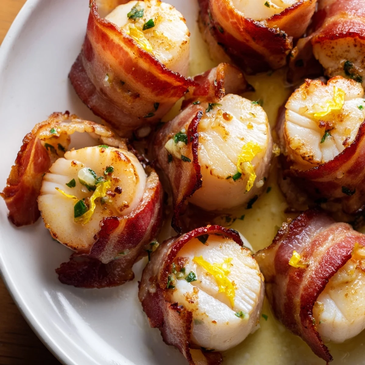 Savory beef bacon wrapped scallops served warm with a zesty lemon butter drizzle.