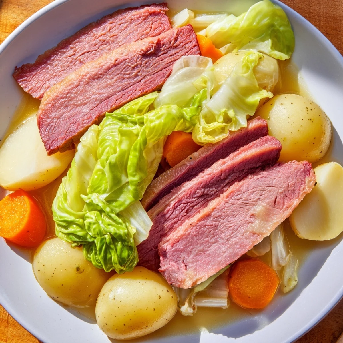 Tender Corned Beef Brisket with Cabbage and Potatoes sliced on a platter with broth and coarse mustard on the side.  
