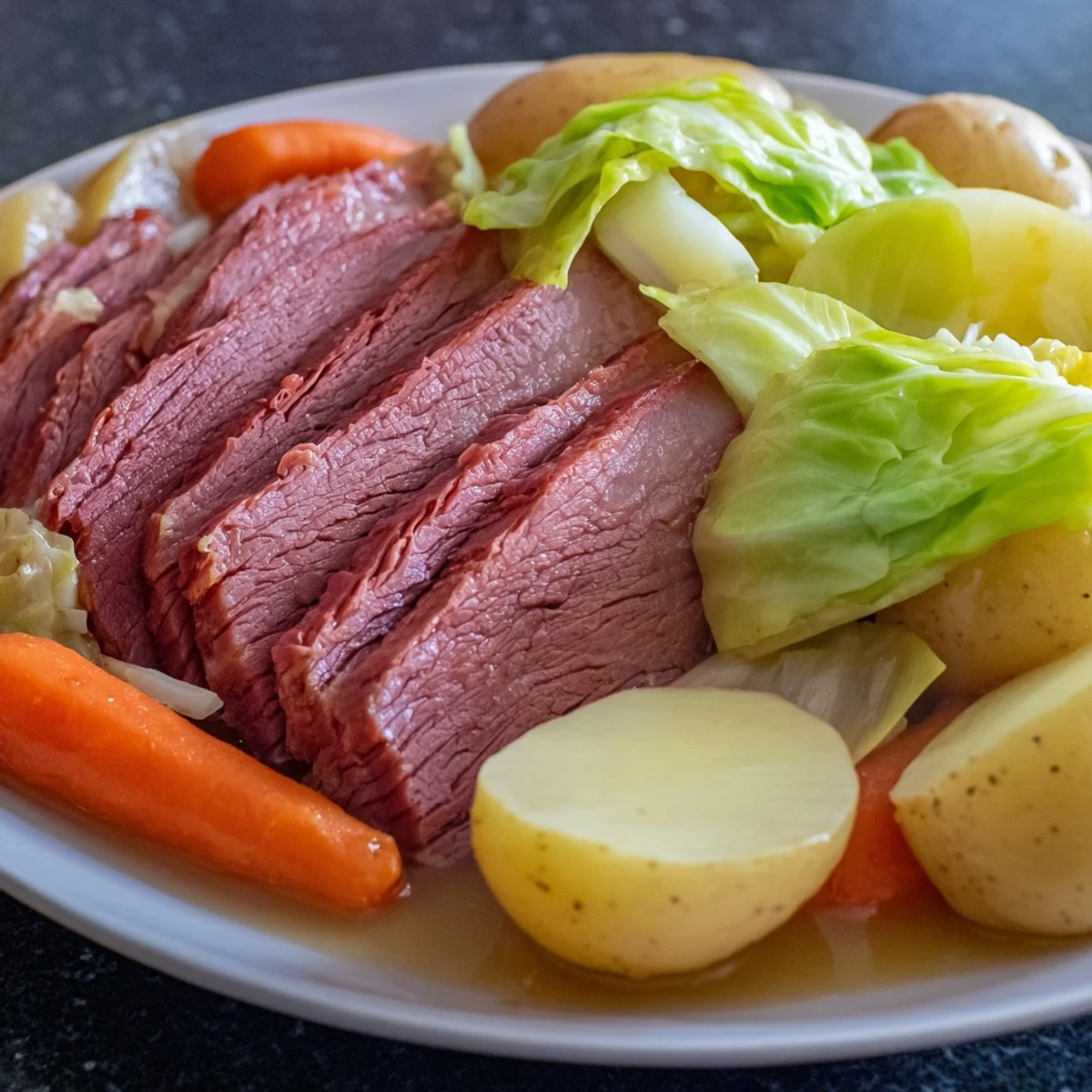 Hearty Corned Beef Brisket with Cabbage and Potatoes steaming after simmering, with carrots and onions in a rustic pot.  