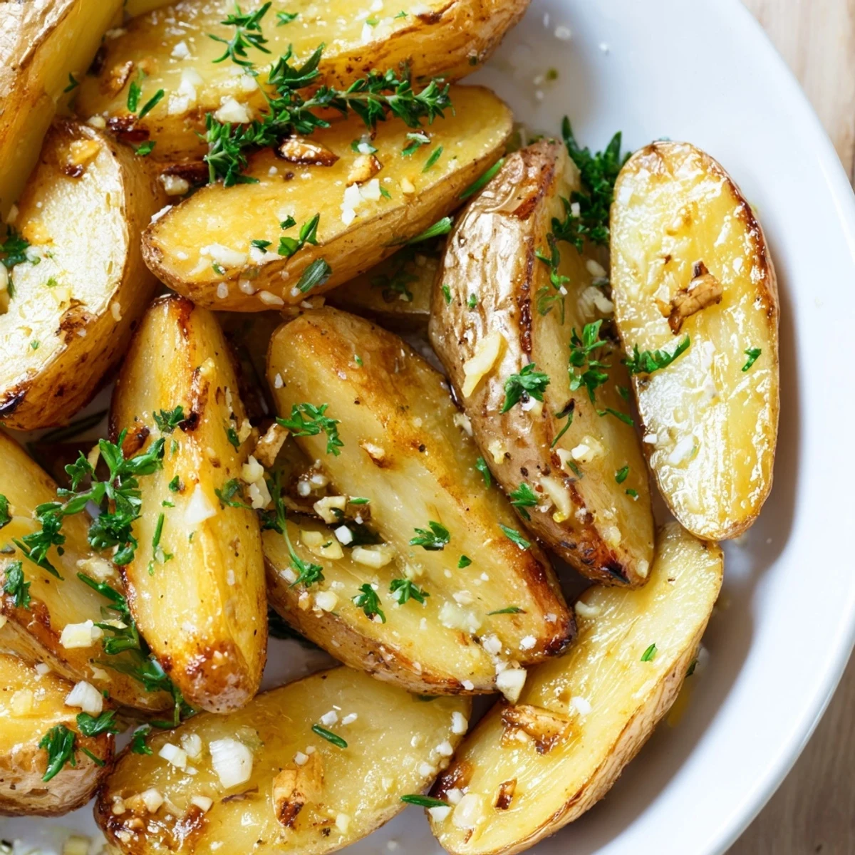Garlic Herb Roasted Fingerling Potatoes with Rosemary beside grilled steak, steam rising from the platter.