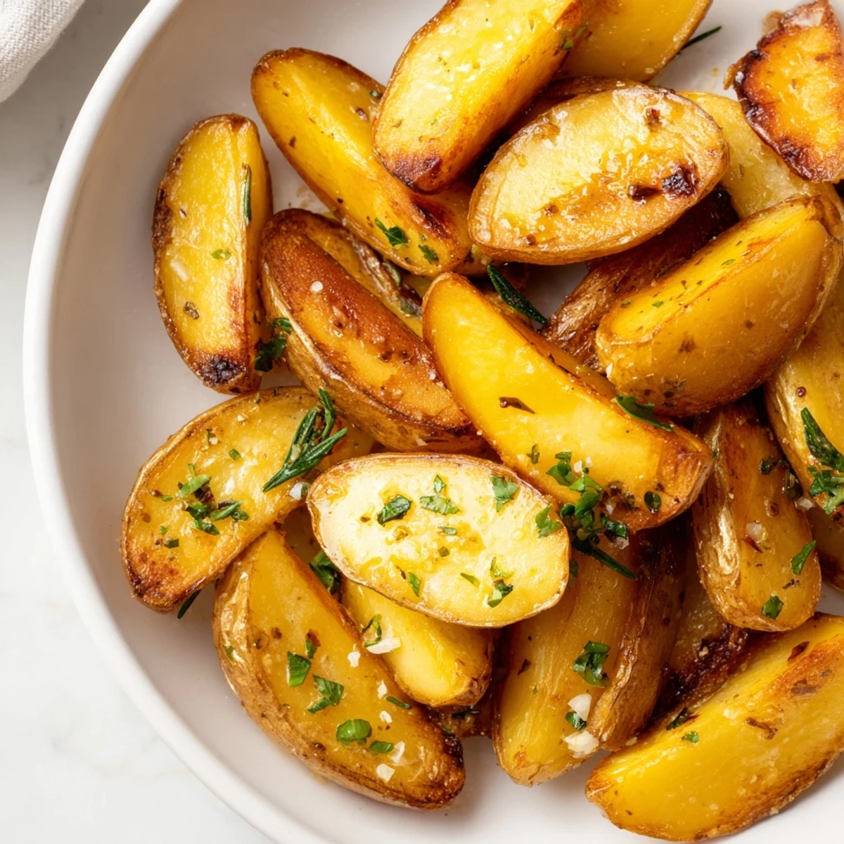 Golden-brown Garlic Herb Roasted Fingerling Potatoes with Rosemary, crispy on edges and tossed in herbs.