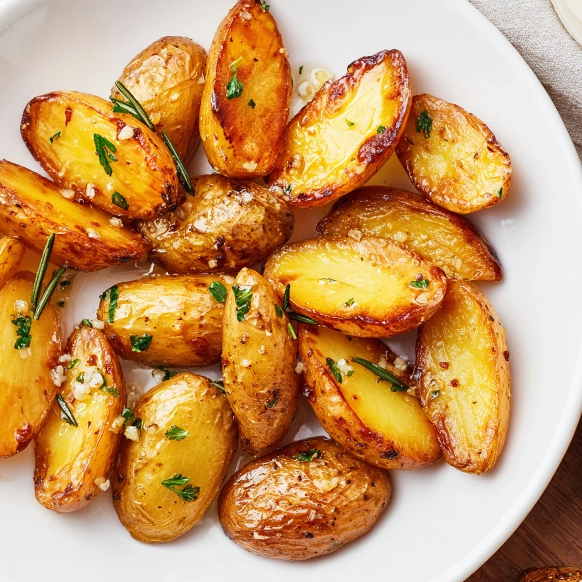 Close-up of Garlic Herb Roasted Fingerling Potatoes with Rosemary glistening with olive oil and herbs.