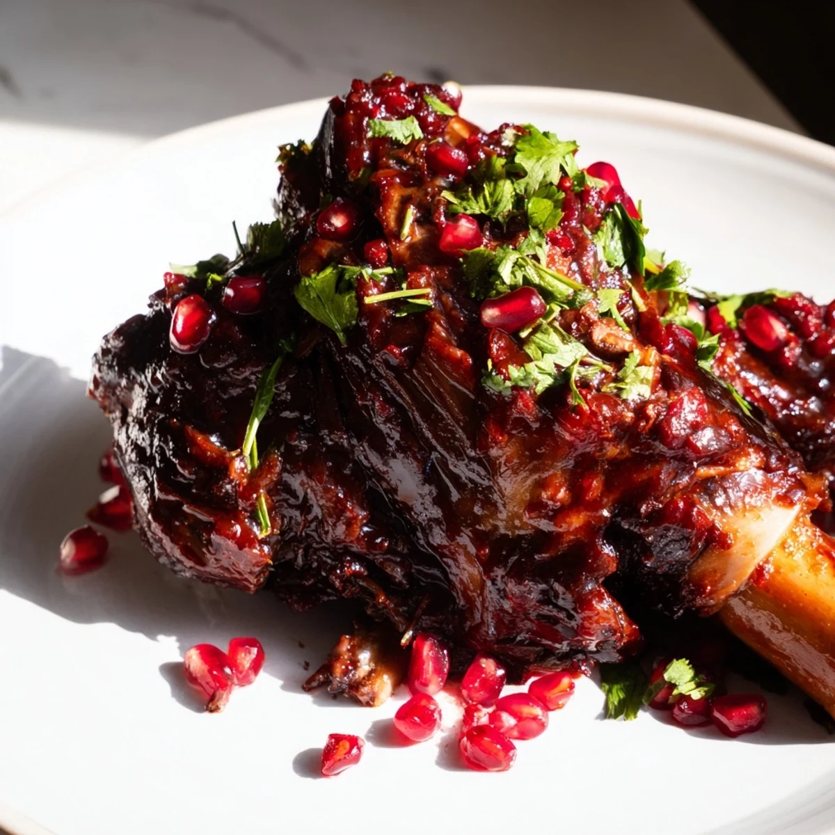 Braised Lamb Shanks with Pomegranate Molasses glazed and tender in a rich dark sauce.