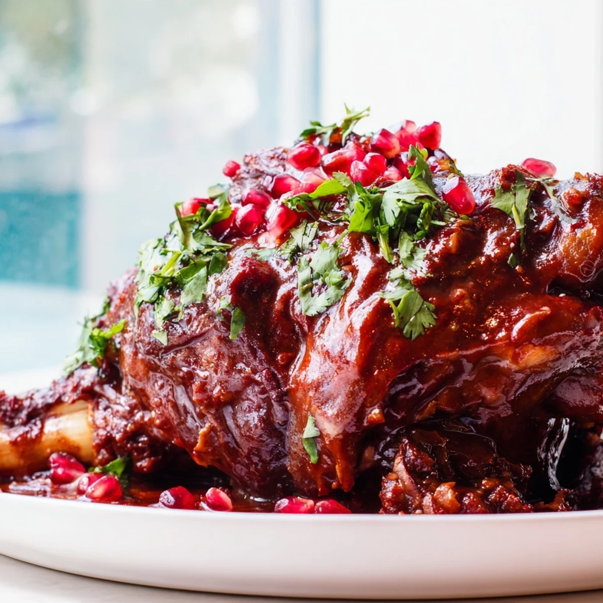 Succulent Braised Lamb Shanks with Pomegranate Molasses served over fluffy saffron rice.