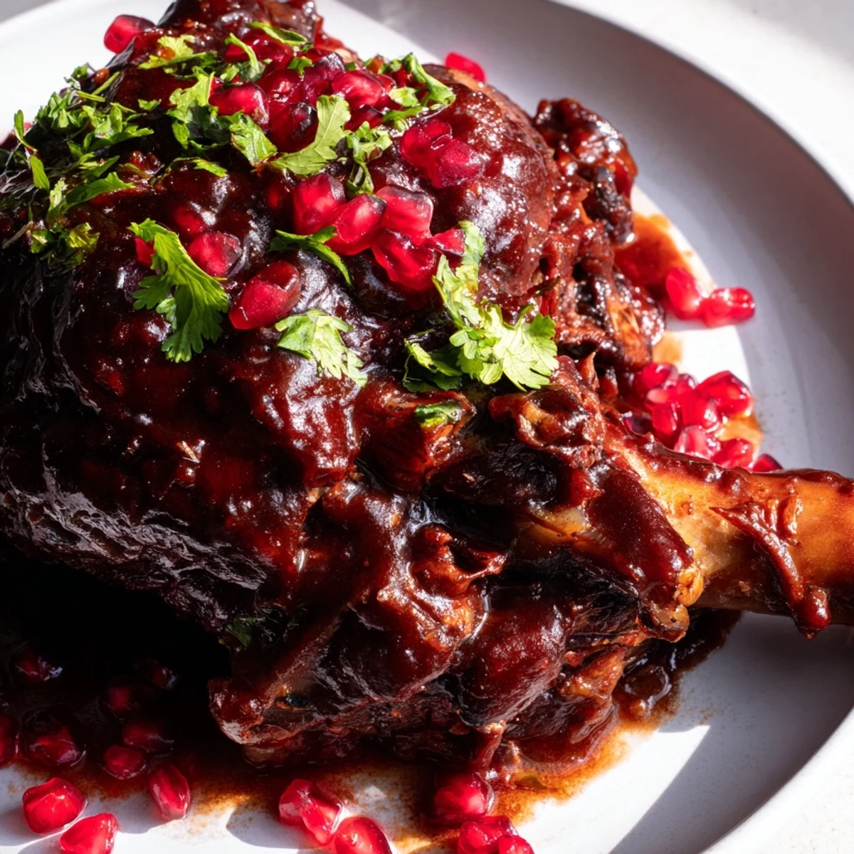 Dark, glossy sauce coats these Braised Lamb Shanks with Pomegranate Molasses on a rustic plate.