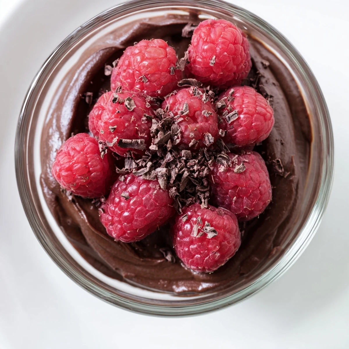 Vibrant fresh raspberries garnish the creamy Dark Chocolate Avocado Mousse, served chilled in a dessert glass.