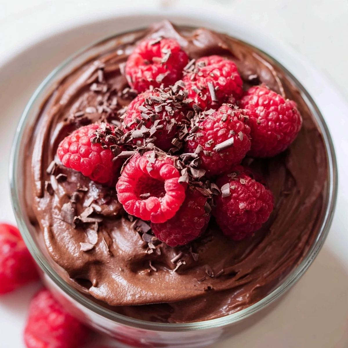 A spoonful of rich Dark Chocolate Avocado Mousse with Raspberries in a glass, topped with fresh berries.