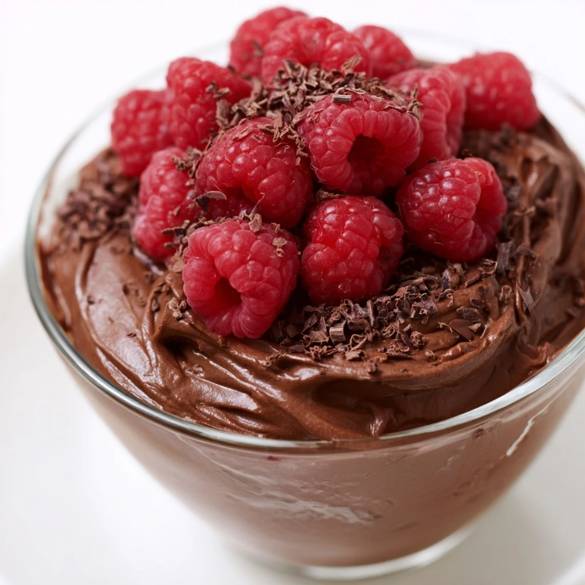 Close-up of a silky Dark Chocolate Avocado Mousse with Raspberries, with juicy berries on top and cocoa dusting.