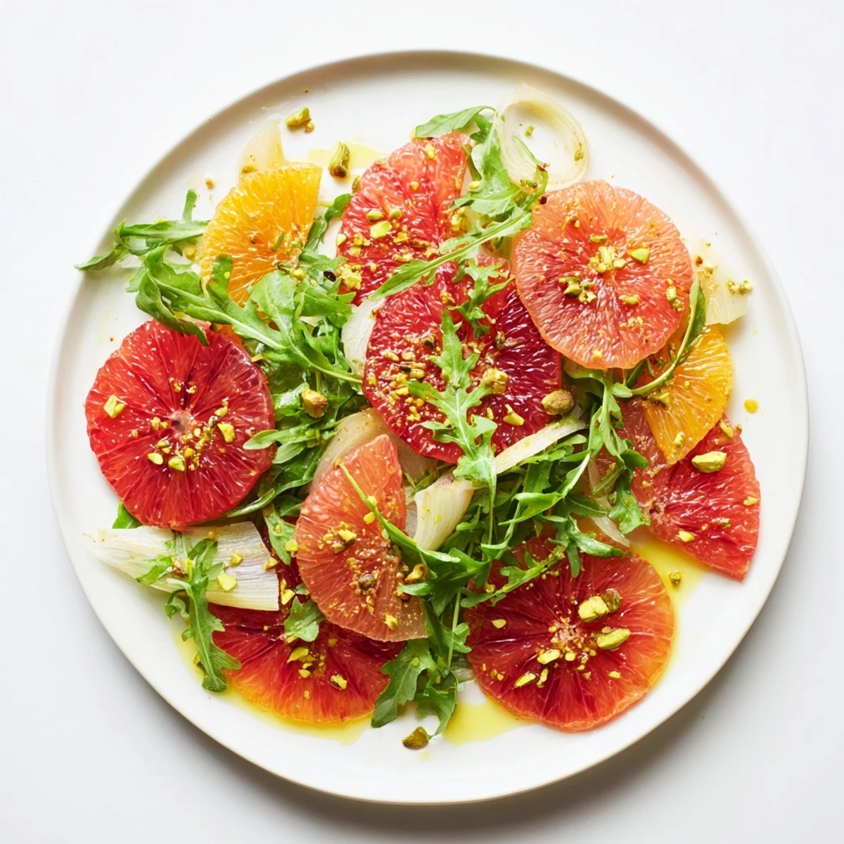Bright Winter Citrus Salad with Blood Orange and Fennel on a white plate, showcasing ruby red segments and crisp shaved fennel with arugula greens.
