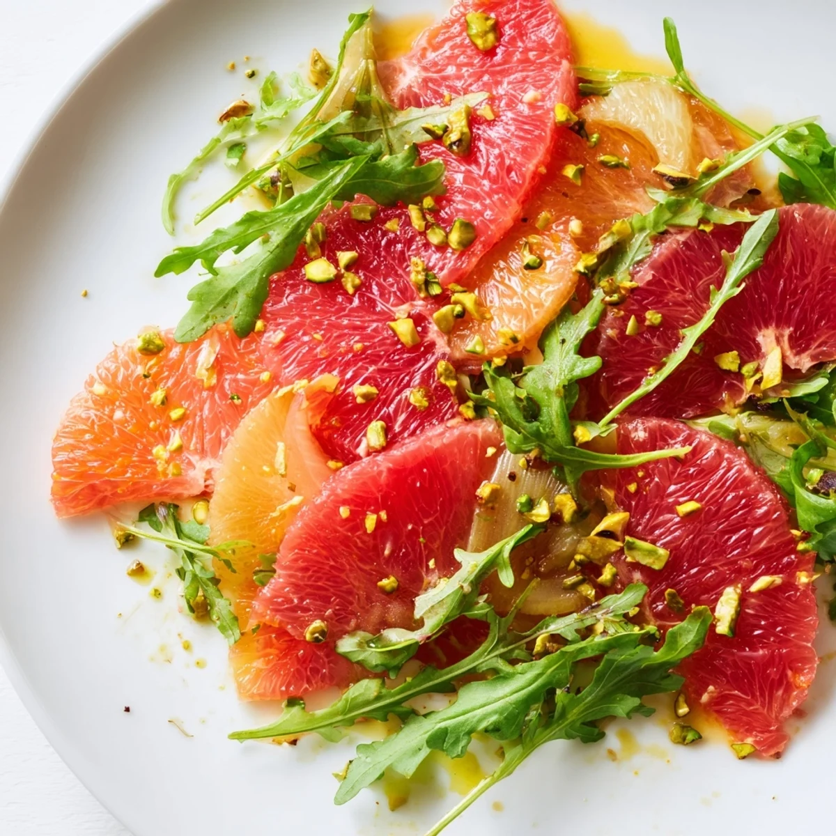 A close-up of Winter Citrus Salad with Blood Orange and Fennel, topped with toasted pistachios and a light lemon honey dressing drizzled over the slices.