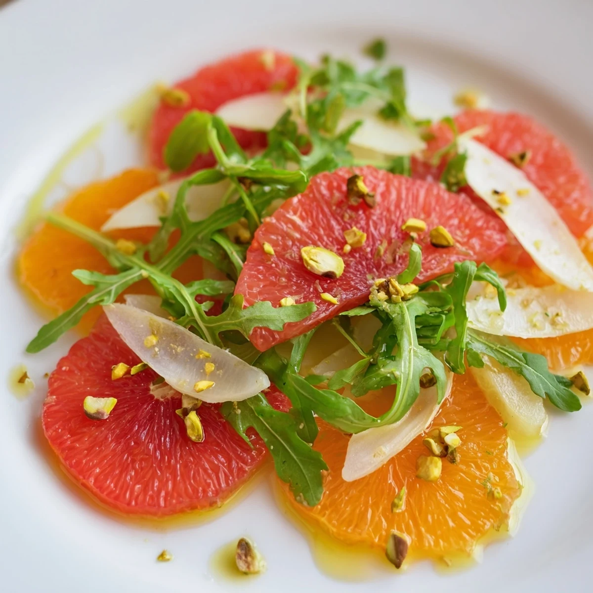 Freshly prepared Winter Citrus Salad with Blood Orange and Fennel served in a rustic bowl, featuring vibrant citrus rounds and peppery greens for a refreshing meal.