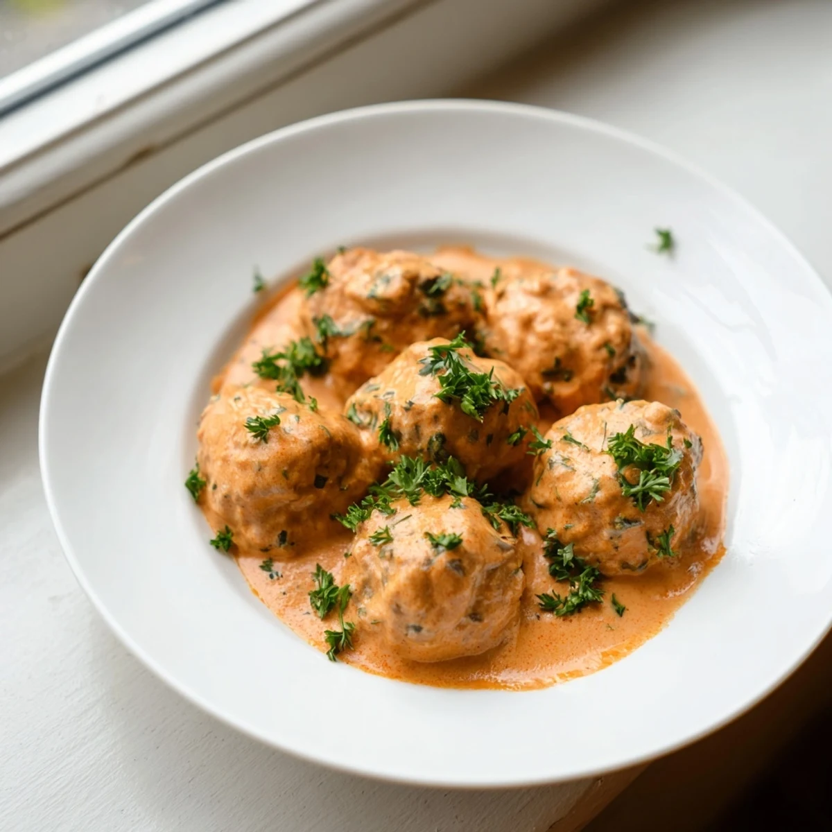 Close-up of juicy turkey meatballs in roasted red pepper sauce beside fresh parsley and crusty bread.