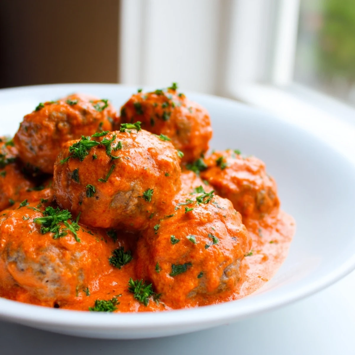 Golden-brown turkey meatballs in roasted red pepper sauce are served over creamy pasta for a cozy dinner.