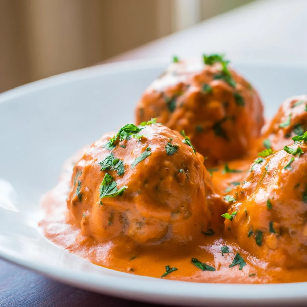 Steamy skillet of turkey meatballs in roasted red pepper sauce ready to be served to four people.