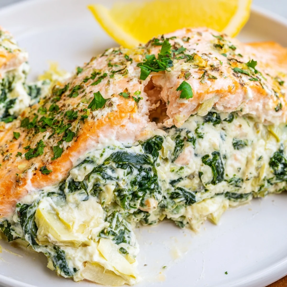 Golden-brown baked Creamy Spinach and Artichoke Stuffed Salmon fillets rest on a white plate, garnished with fresh parsley and lemon wedges for a bright, savory serving suggestion.