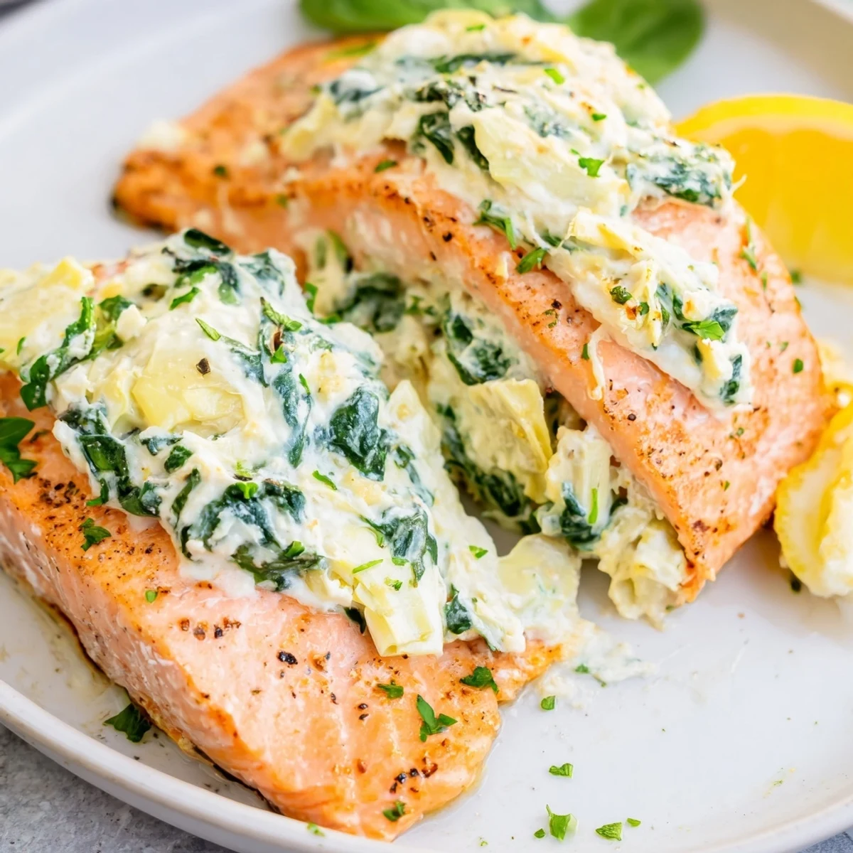 Perfectly baked Creamy Spinach and Artichoke Stuffed Salmon served with roasted vegetables on the side, exuding a warm, restaurant-quality aroma ready for dinner.