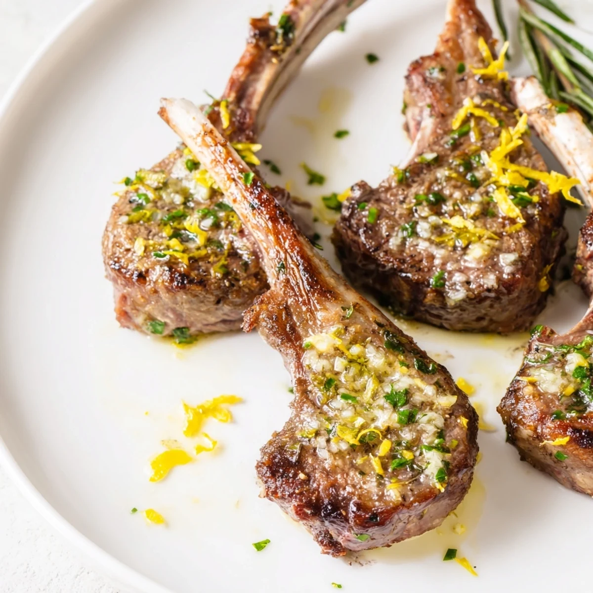 Juicy Air Fryer Lamb Chops with Lemon Butter sit on a rustic platter, garnished with fresh rosemary.