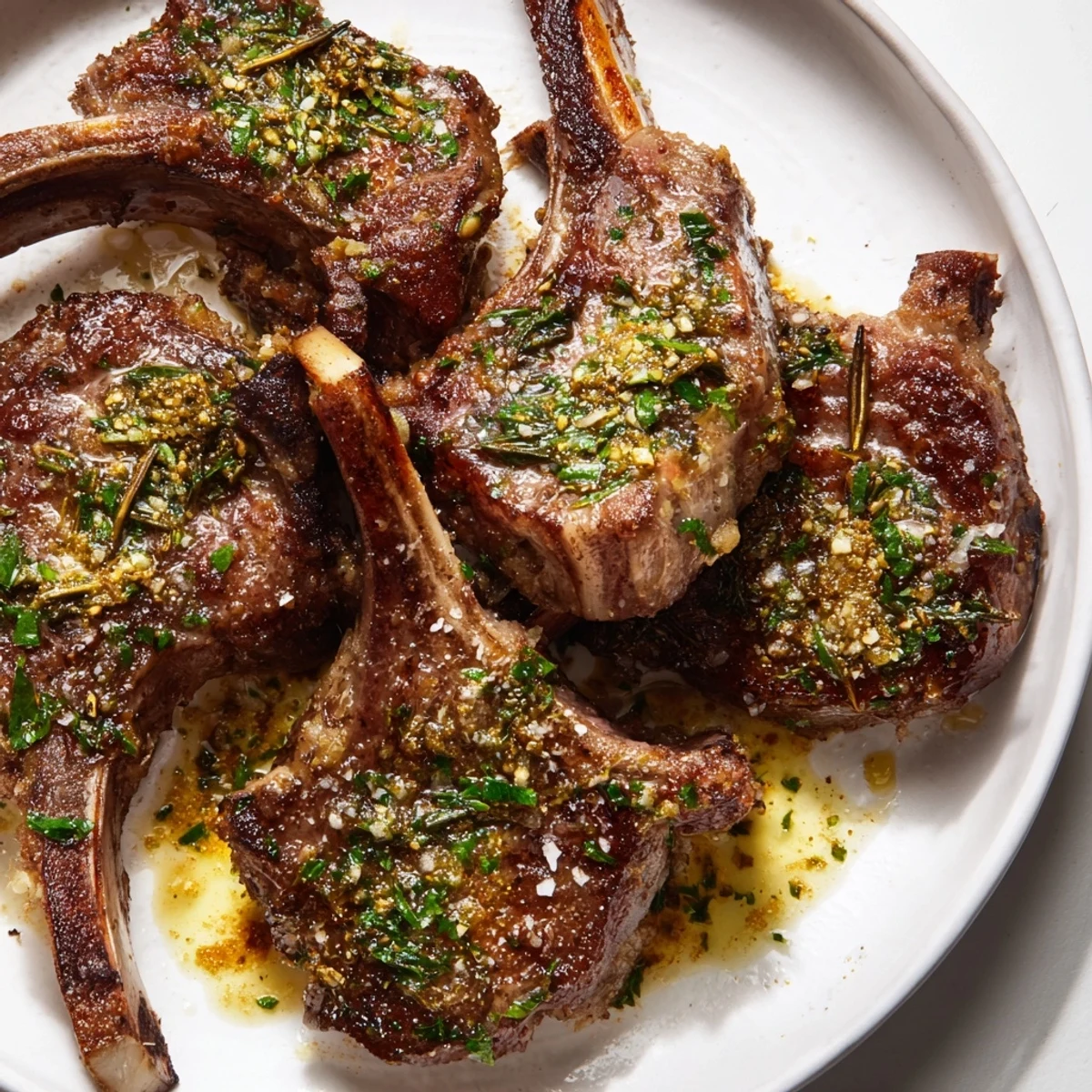 Golden Air Fryer Lamb Chops with Lemon Butter shine with melted butter, served alongside roasted asparagus.