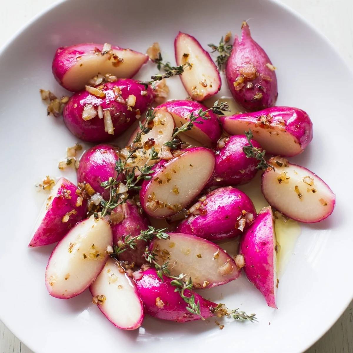 Golden roasted radishes with garlic and thyme, glistening with olive oil on a baking sheet.