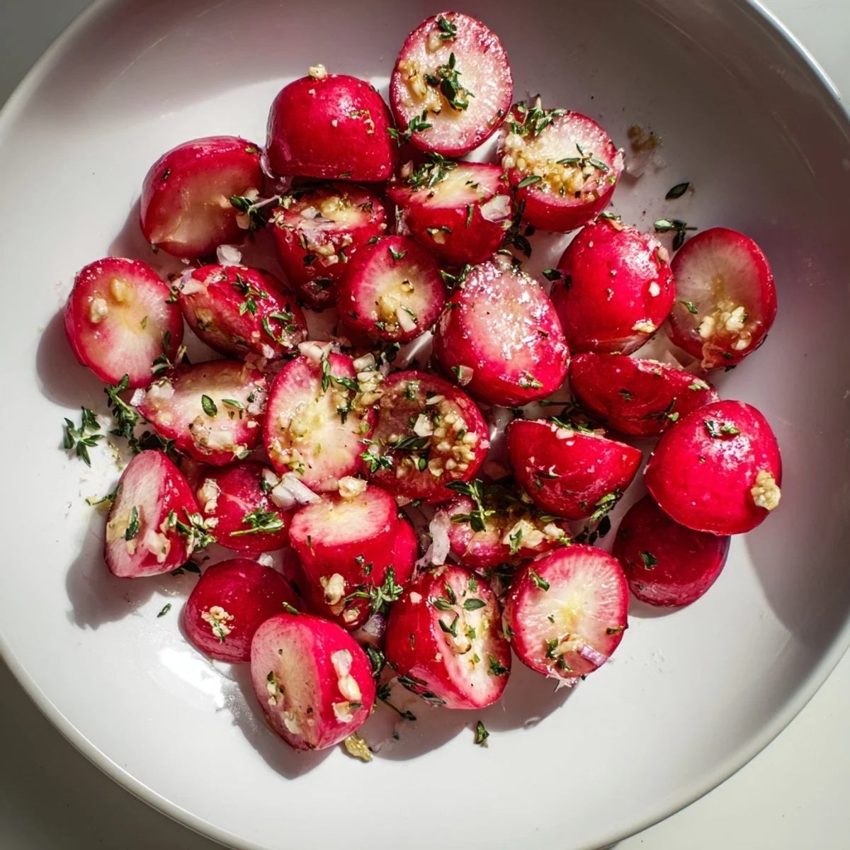 Oven-roasted radishes with garlic and thyme, seasoned with sea salt and fresh herbs.