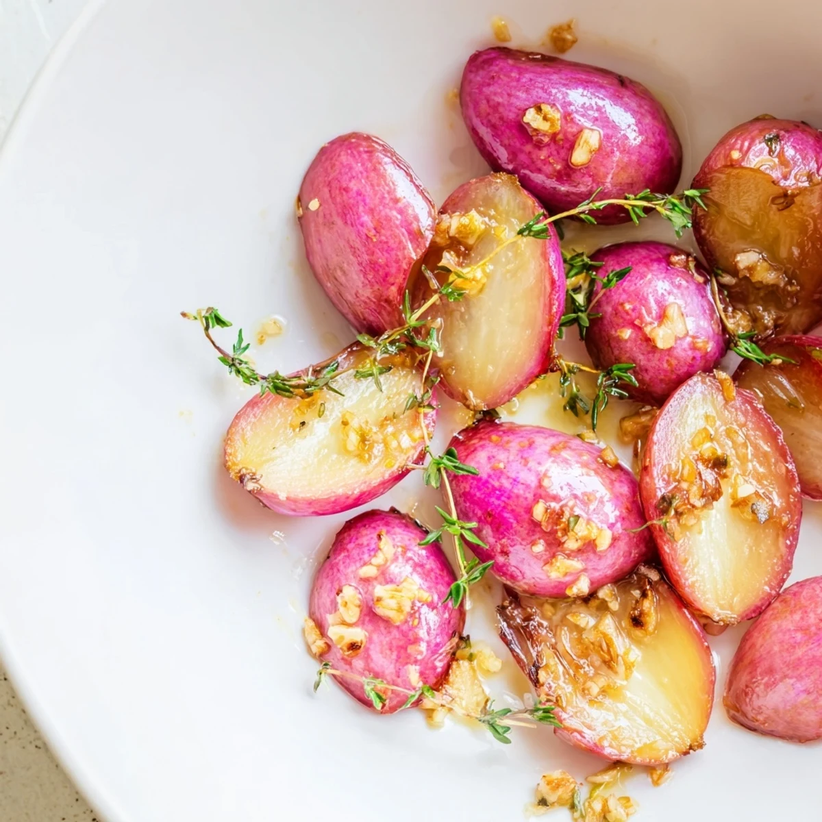 Tender, caramelized roasted radishes with garlic and thyme, served warm on a rustic platter.