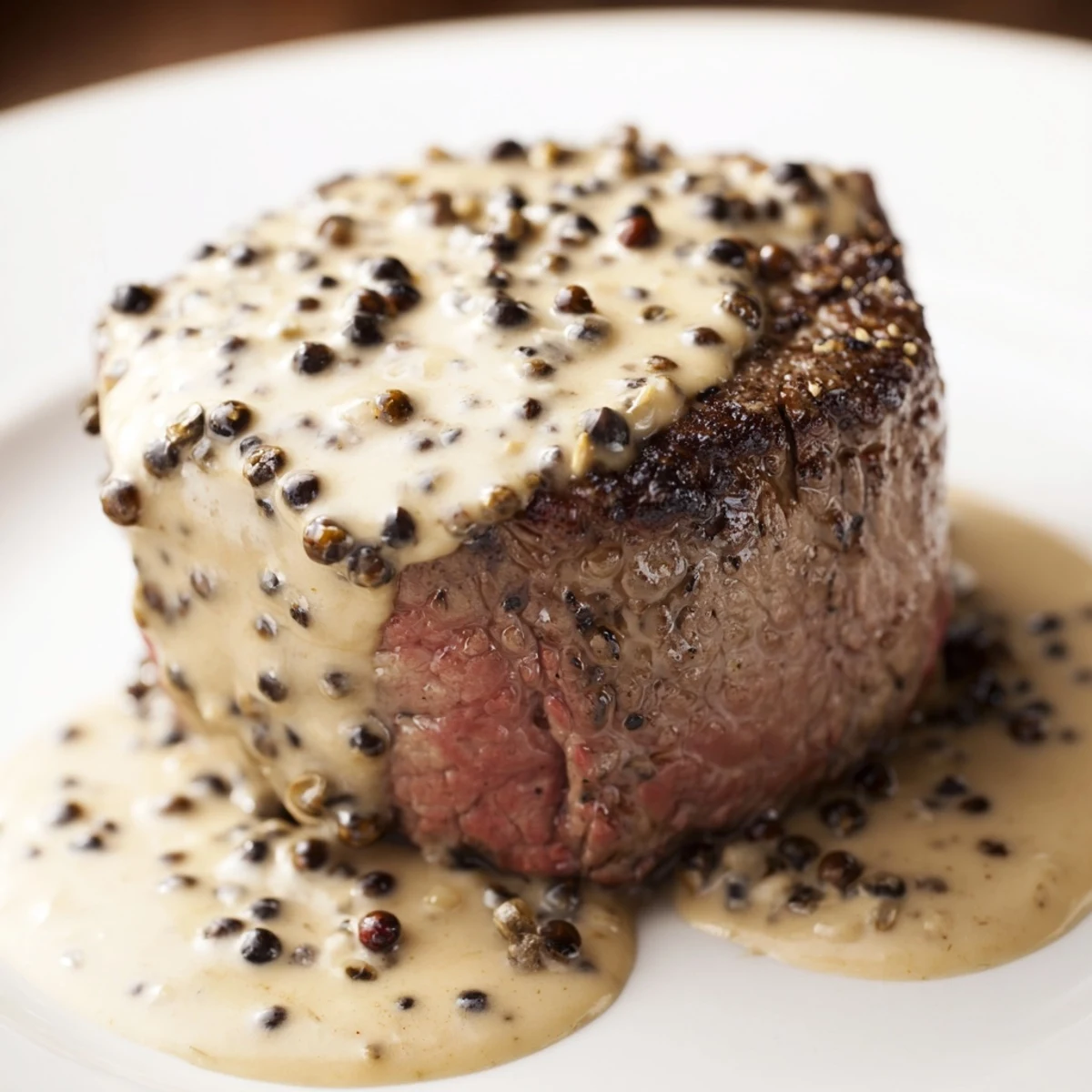 Tender Beef Tenderloin with Peppercorn Cream Sauce rests on a plate, garnished with fresh thyme and ready to serve.