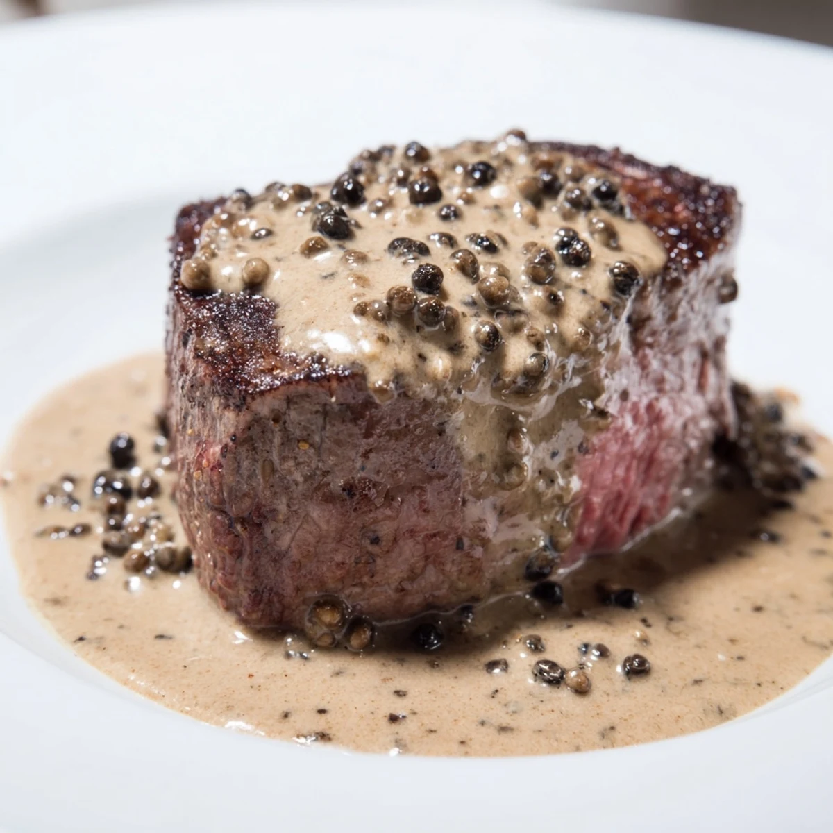 Beef Tenderloin with Peppercorn Cream Sauce slices reveal a juicy, pink center beside a rich, dark peppercorn cream sauce.