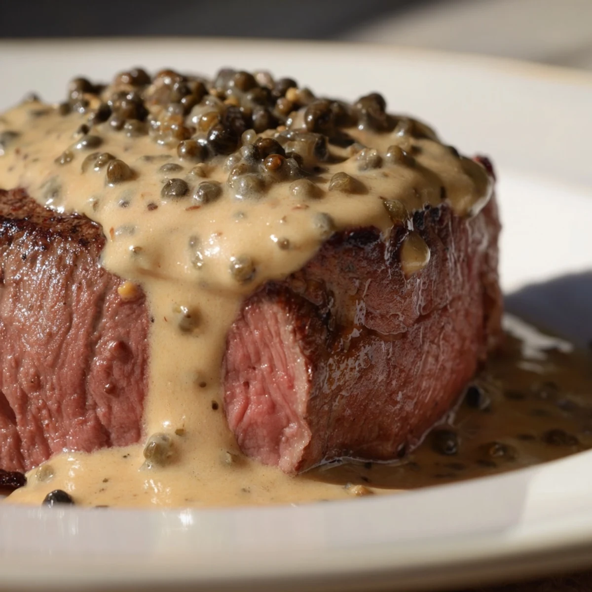 Sliced Beef Tenderloin with Peppercorn Cream Sauce paired with roasted potatoes and green beans on a rustic dinner plate.