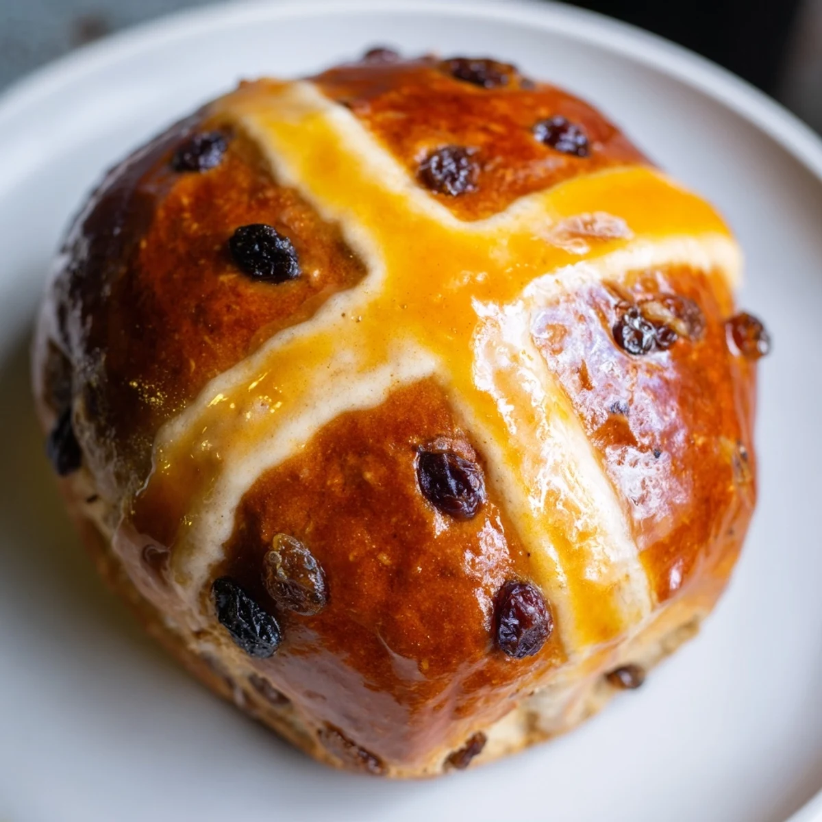 Warm Hot Cross Buns with Raisins and Orange Glaze drizzled with sweet glaze for Easter breakfast.