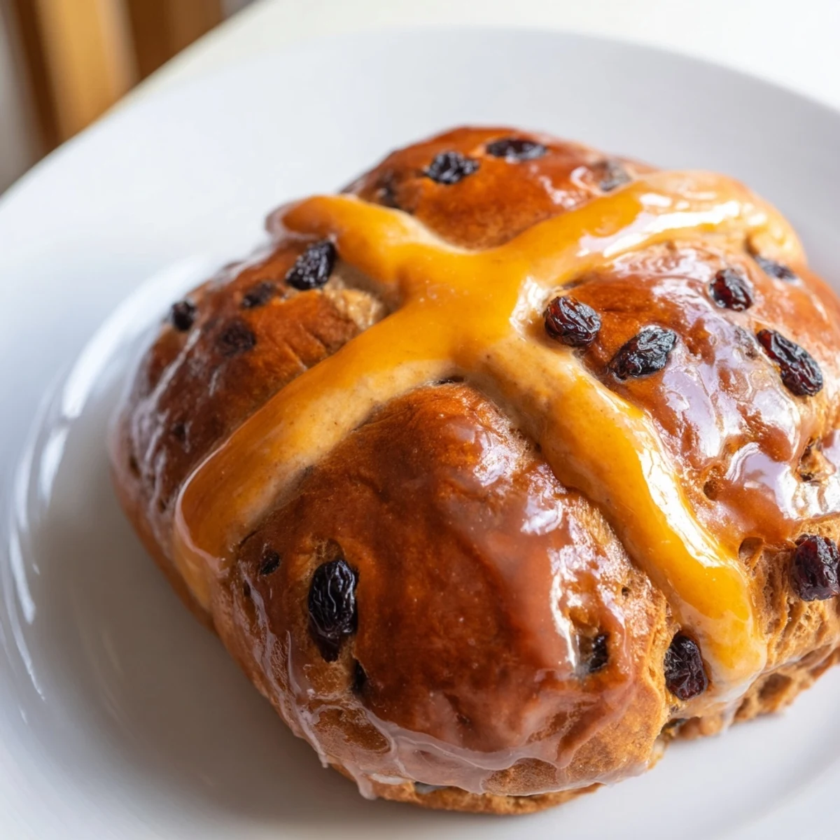 Freshly baked Hot Cross Buns with Raisins and Orange Glaze cooling on a wire rack.
