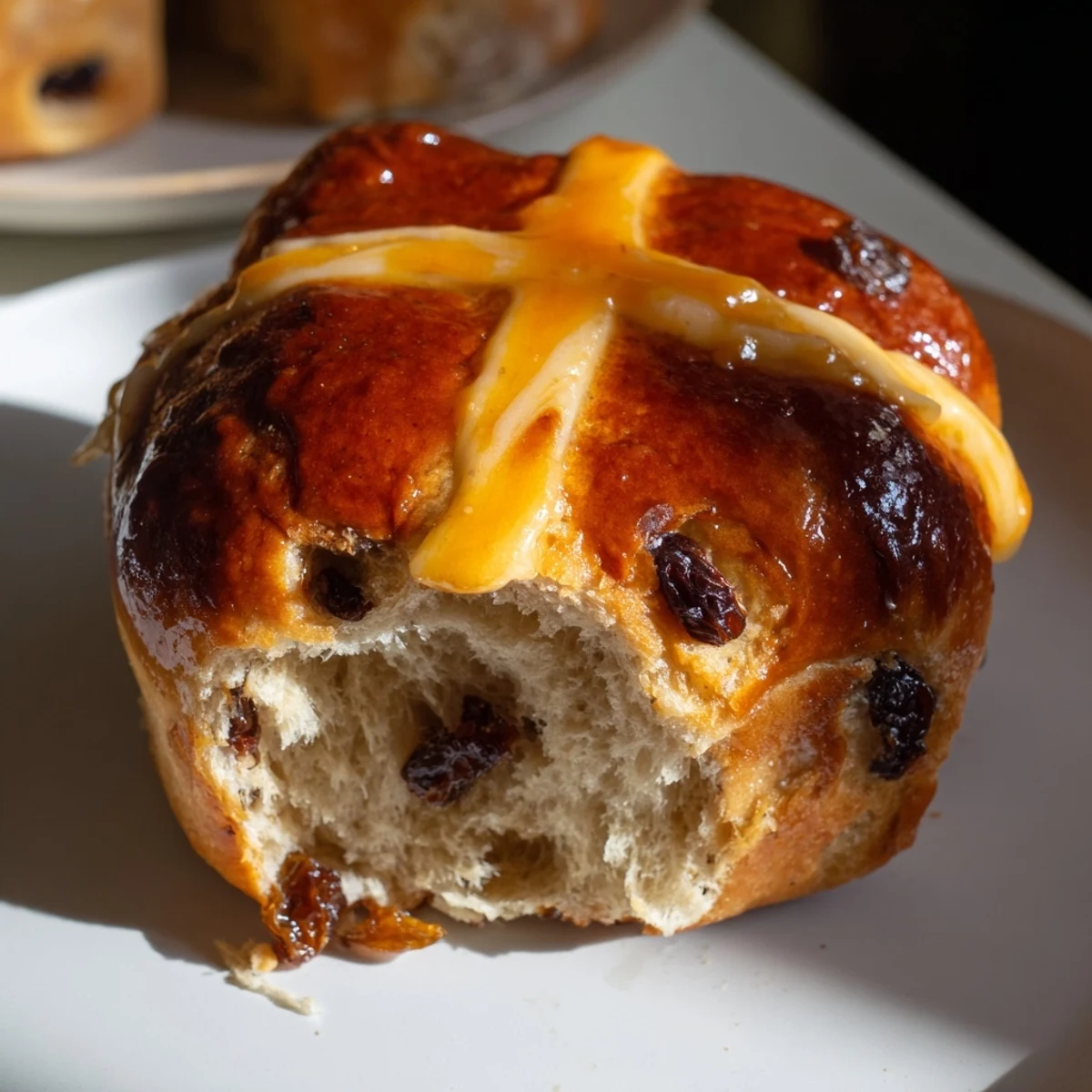 Golden Hot Cross Buns with Raisins and Orange Glaze stacked on a rustic wooden board.