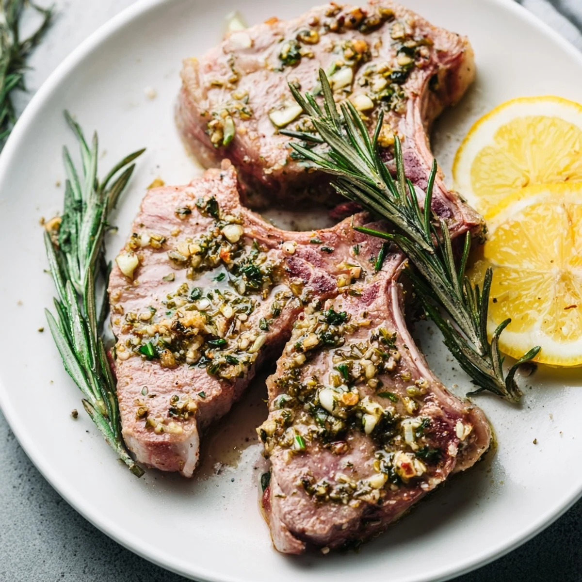 Air-fried lamb chops with rosemary and garlic glisten with herbs and olive oil on a white plate.