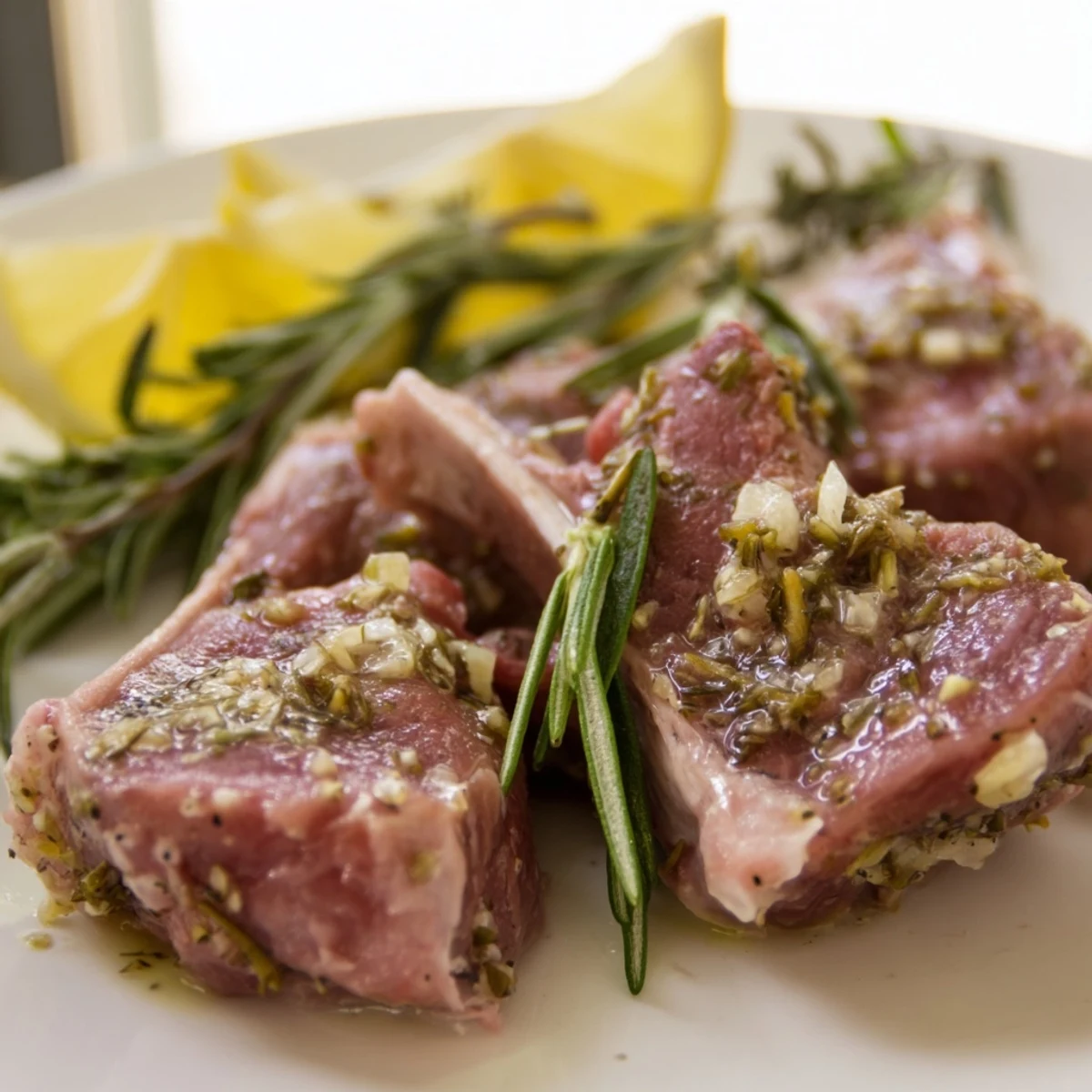 Juicy rosemary and garlic lamb chops from the air fryer sit beside lemon wedges and herbs.